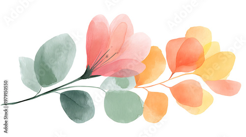 A watercolor painting of a flower with green leaves and pink petals