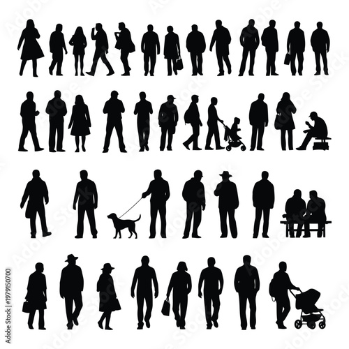Collection of diverse silhouettes showing various people activities and poses in urban setting vector on white background