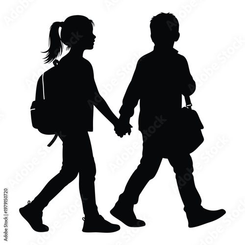 Couple holding hands walking together with backpacks silhouette style design vector on white background