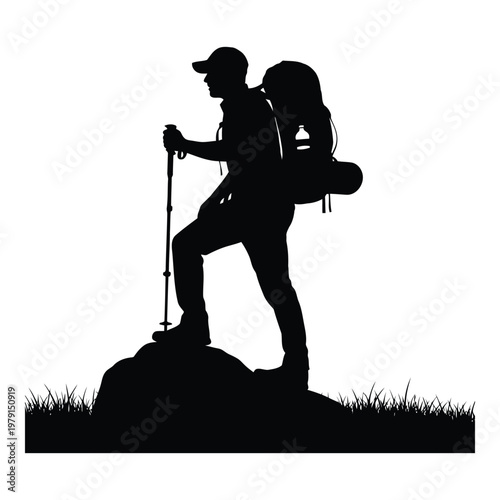 Hiker standing on top of a rock with trekking poles and backpack silhouette vector on white background