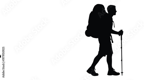 Hiker with backpack using trekking poles on outdoor adventure journey silhouette style vector on white background