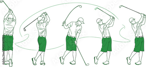 Golf swing sequence showing step by step motion of golfer demonstrating technique accuracy and sports performance illustration.eps