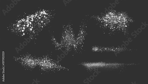 Realistic salt or sugar crystal powder scattered on surface top view, 3d vector white natural mineral various grinding