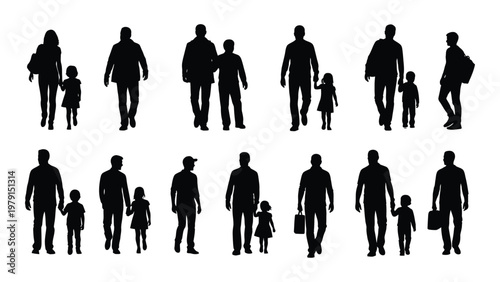 A collection of black silhouettes depicting diverse groups of people including adults and children walking together high quality professional detailed modern