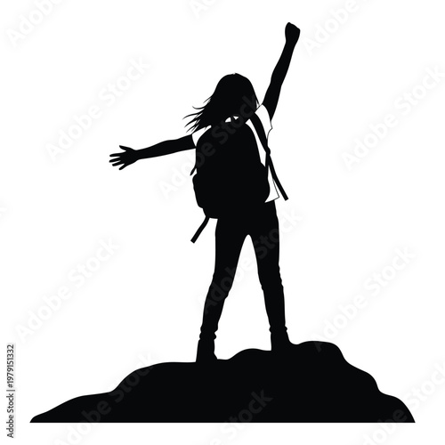 Silhouette of triumphant person standing on hill with arms raised in victory pose vector on white background