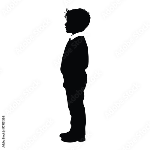Silhouette of young boy standing formally in suit with transparent background vector on white background