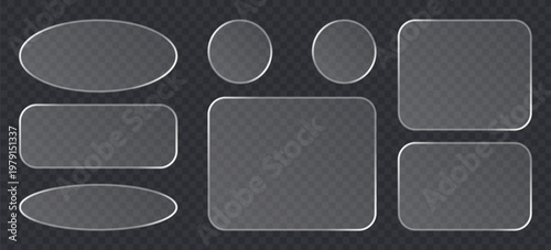 Set of glassmorphism style frames, frosted glass buttons, transparent ui elements with rounded corners and soft light reflections on dark background