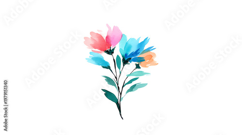 A watercolor painting of a flower with blue, pink, and orange petals