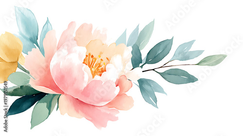 A watercolor painting of a pink flower with green leaves