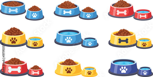 Cartoon Pet Food Bowls Set with Dog and Cat Feeding Dishes Water and Dry Food Colorful Vector Collection