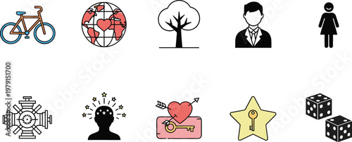 Lifestyle and Business Icon Set Featuring Bicycle Globe Tree Businessman Woman Industry Idea Love Ticket Star and Dice Symbols