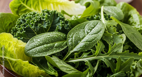 Leafy greens including spinach and lettuce show fresh water droplets on their vibrant organic surfaces.