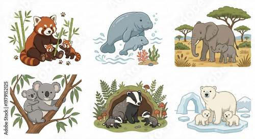 Cute animal family collection with mother and babies, adorable wildlife flat vector set for nursery decor