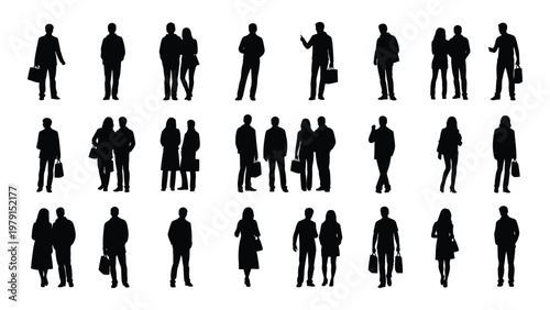 A collection of silhouetted figures depicting diverse people primarily couples and individuals arranged in a grid pattern high quality professional detailed