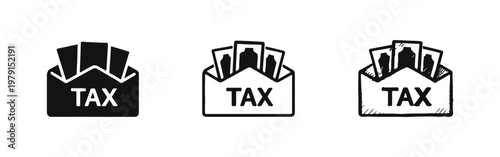 Tax Payment and Financial Obligation Icon Set - Envelope with Money and Tax Word in Solid, Outline, and Hand-Drawn Styles
