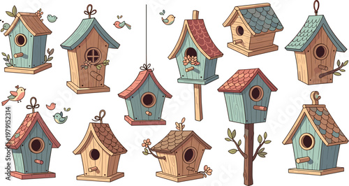 Wooden Birdhouse Set with Cute Garden Nest Boxes Rustic Decorative Houses for Birds Vector Illustration Collection