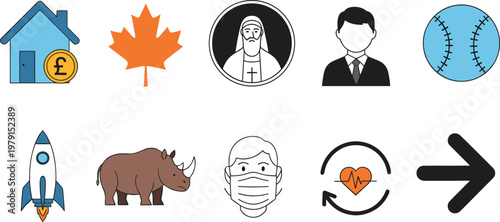 Mixed Icon Set Featuring House Finance Maple Leaf Priest Businessman Baseball Rocket Rhino Mask Health Cycle and Arrow Symbols for Design
