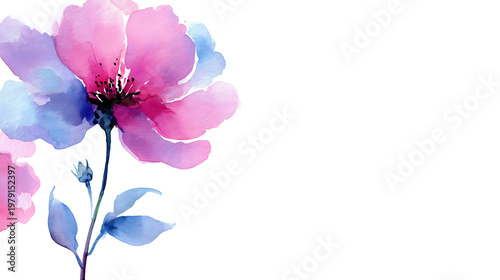 A watercolor painting of a pink flower with blue accents