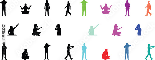 Set of human silhouette figures in various action and daily life poses with solid fill shapes, minimal flat vector collection