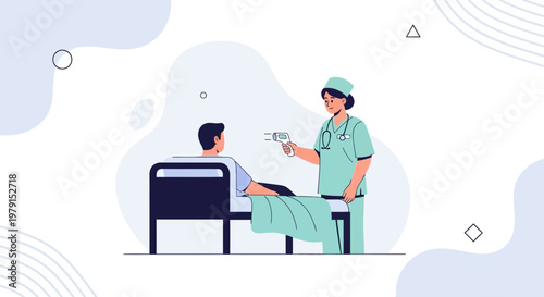 Nurse measures patient's temperature with infrared thermometer in hospital room