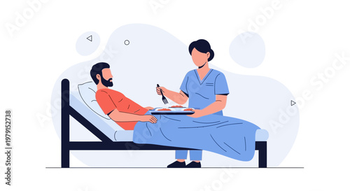 Nurse feeding patient in hospital bed, medical care and support concept