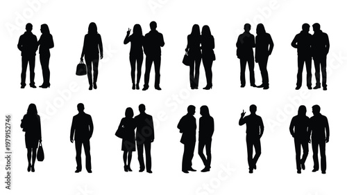 A collection of black silhouettes depicts diverse groups and pairs of people standing and interacting with each other high quality professional
