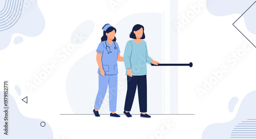 Nurse assisting elderly woman walking with handrail, healthcare concept