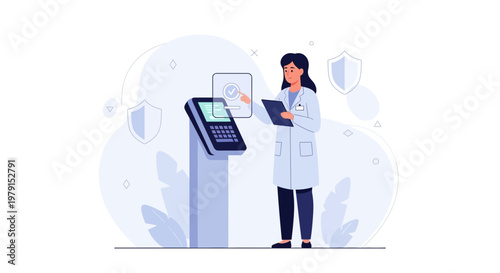Doctor using medical kiosk for data entry and security check