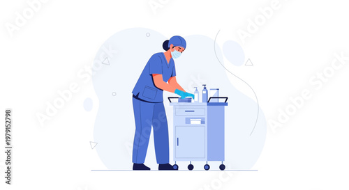 Nurse Cleaning Medical Cart with Disinfectant, Healthcare Hygiene Concept