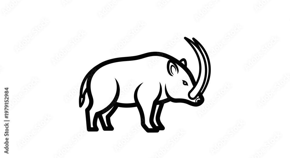 Fototapeta premium Simple line drawing of a mammoth with curved tusks on white background.