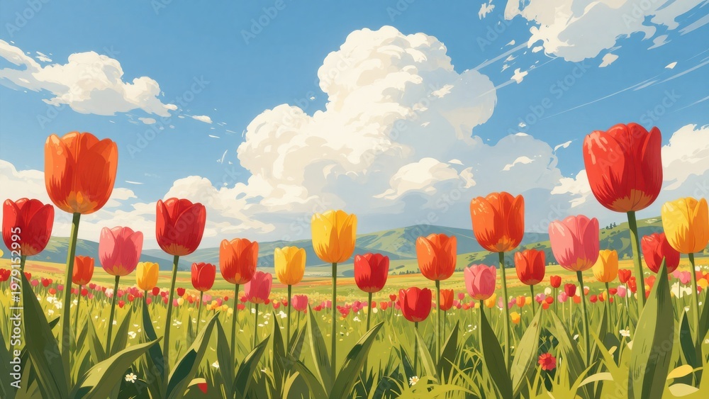 Fototapeta premium Vibrant Tulip Field with Colorful Flowers under a Bright Blue Sky with Fluffy Clouds