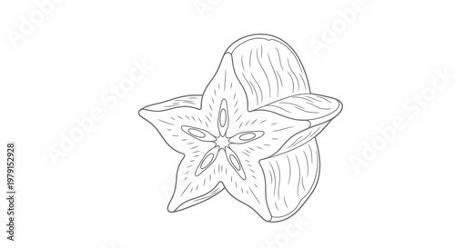 A simple line drawing of a starfruit cut in half to reveal its star-shaped interior.