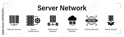 Server Network web banner black icon set. vector illustration concept with icon of Network Servers, Server Infrastructure, Data Server Network, Cloud Server Network, Hosting Network, Server System.