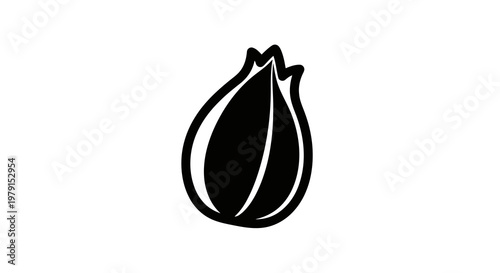 A simple black and white illustration of a single garlic clove on a plain white background.