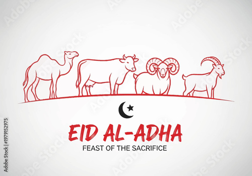 Eid Al-Adha Feast of the Sacrifice Greeting Card with Sacrificial Animals Line Art - Camel, Cow, Ram, and Goat Illustration for Islamic Festival