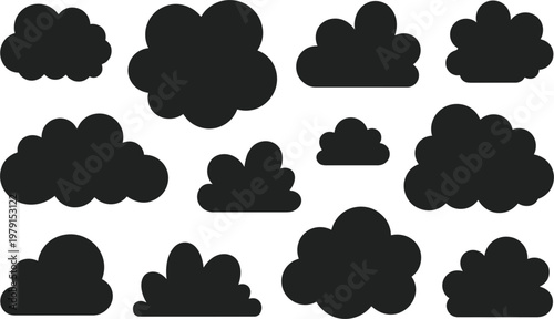 Set of black cloud silhouettes, flat vector icons for weather, sky decoration, nature and simple design