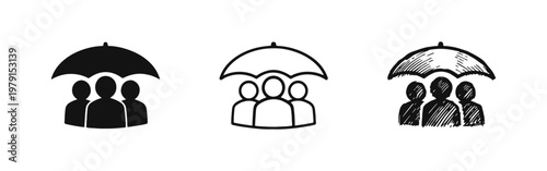 People Protection and Insurance Icon Set: Group Under Umbrella in Solid, Outline, and Doodle Styles