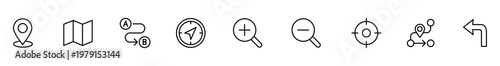 Navigation icon location map route compass zoom target outline interface symbols for travel app gps set with pin direction magnifier crosshair network undo arrow line art on white