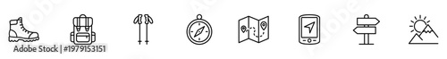 Hiking travel adventure icon outline vector backpack boot set with trekking pole compass map smartphone signpost mountain sun, line symbol for outdoor navigation, camping gear, planning