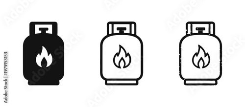 Propane Gas Cylinder Icon Set: Tank with Flame Symbol in Solid, Outline, and Hand-Drawn Styles