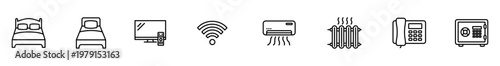 Hotel amenity icon bed television wifi air conditioner radiator telephone safe, black outline pictogram set for travel lodging interface, signage, brochure, web