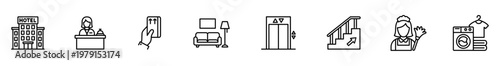 Hotel hospitality icon pictogram service reception elevator staircase housekeeper laundry line art symbol set for accommodation signage, including front desk, door hanger, sofa, lift, washer