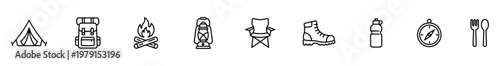 Camping outdoor icon line tent backpack campfire lantern set of minimalist outline symbol featuring chair and boot plus water bottle, compass, cutlery, travel gear for web and app