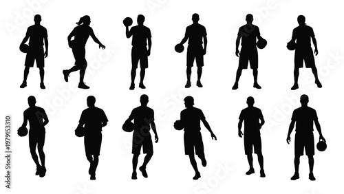 A collection of silhouetted basketball players in various dynamic poses showcasing movement and athleticism on a white background high quality professional