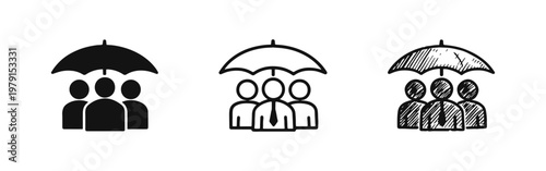 Group Protection and Insurance Icons Set - People Under Umbrella Safety Symbol