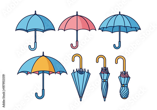 Set of Colorful Umbrella Vector Illustrations - Open and Closed Weather Icons