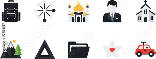 Travel and Business Icon Set Featuring Backpack Network Mosque Businessman Church Mountains Triangle Folder Rating Star and Car Symbols
