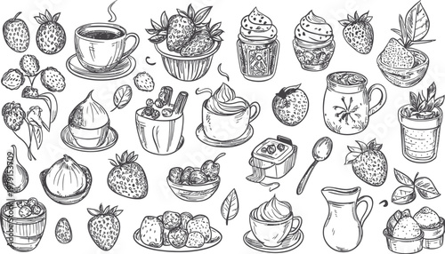 Collection of HandDrawn Desserts and Drinks with Berries.