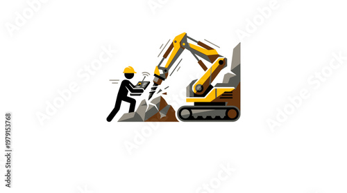 Construction Worker Inspecting Excavator Operation