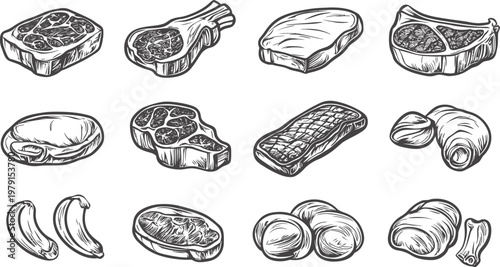 Collection of HandDrawn Meat Cuts and Products.